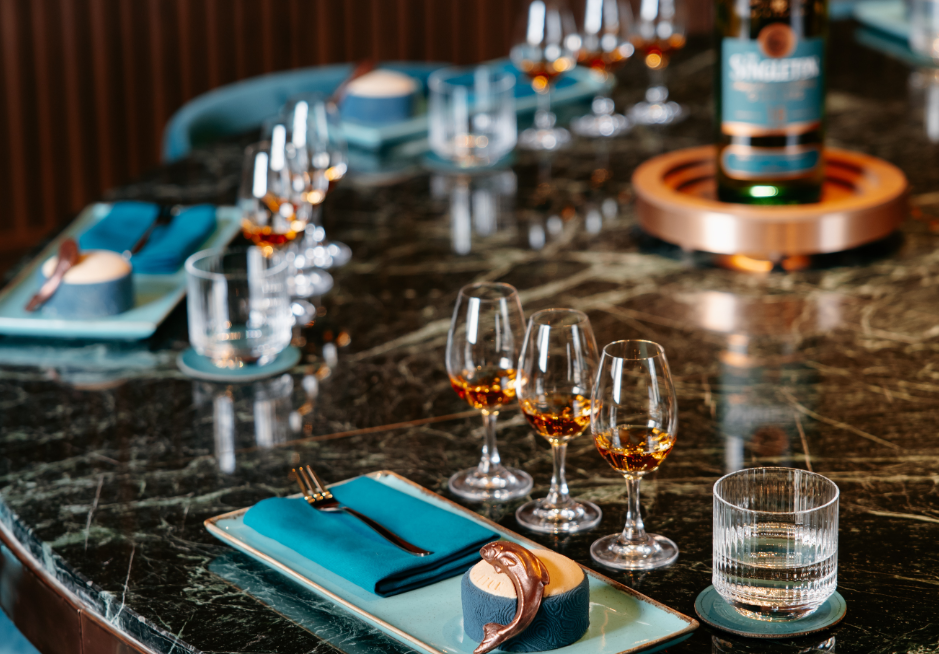 Whisky tasting set up at The Singleton Distillery with a selection of drams on the table
